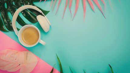 Leinwandbilder - Blogger Pastel Background With Coffee Cup Headphones and botanical elements Flat Lay : Generative AI