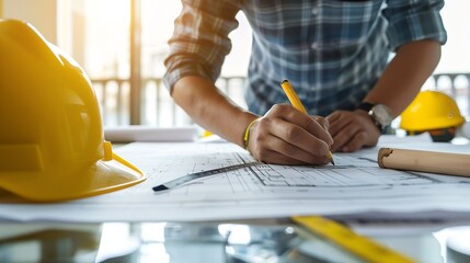 Aufkleber - Architect or engineer working on building blueprint contractor designing and drawing blueprint layout with tool for construction project Civil engineer and architecture design concept  : Generative AI