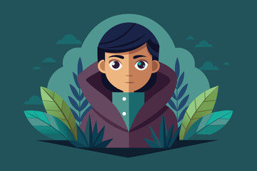 Poster - A man wearing a hoodie is encircled by various plants in a natural setting, Hidden person Customizable Semi Flat Illustration