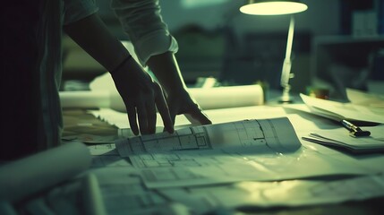 Fototapete - Architect concept Architects working with blueprints in the office Vintage Effect : Generative AI