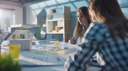 Fototapete - Female engineers meeting in office and looking at layout of apartment closeup : Generative AI