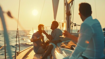 Wall Mural - Cheers Cropped image of group of friends relaxing on luxury yacht and drinking champagne Having fun together while sailing in the sea Traveling and yachting concept : Generative AI