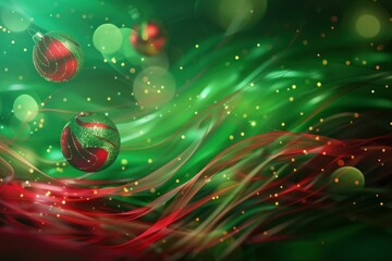 Wall Mural - Abstract holiday background of flowing red ribbons, sparkling christmas balls, and bokeh lights on green