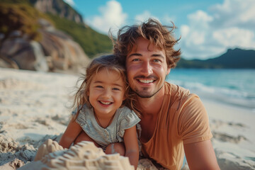 Caucasian father and daughter playing in the sand on the beach.