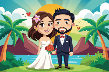 Wall Mural - Newlyweds stand in front of lush tropical scenery. The bride wears a white gown, the groom in a suit, Honeymoon Customizable Cartoon Illustration