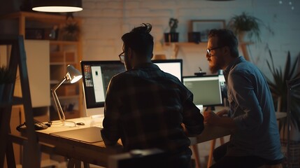 Leinwandbilder - A team of web designers are working together to develop a mobile responsive website with UIUX front end design concepts A team of UxUi developers are working together at a wooden workb : Generative AI