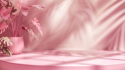 Aufkleber - Abstract pink color gradient studio background for product presentation Empty room with shadows of window and flowers and palm leaves  3d room with copy space Summer concert Blurred ba : Generative AI