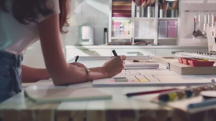 Fototapete - Interior designers working on color hand drawings of a kitchen interior at work place Photo of young designers work concept : Generative AI