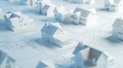 Aufkleber - architectural model of houses on blueprint draw isolated on white background banner layout with copy space for building construction plan or real estate sale Image usable for concept o : Generative AI
