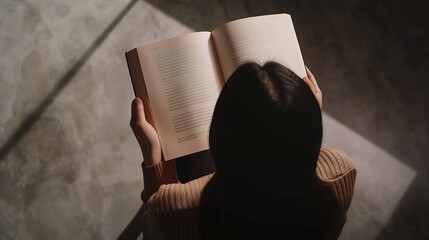 Poster - top view of a woman reading an open book or magazine empty page mock up : Generative AI