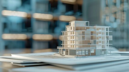 Fototapete - Construction housing project real estate concept Residential building blueprint plans Architect engineer office desk copy space template : Generative AI