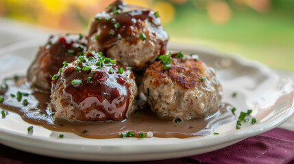 Wall Mural - Delicious homemade meatballs with rich brown gravy and fresh chives on a white plate, close-up shot with blurred background