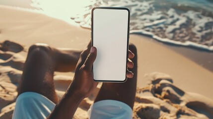 Leinwandbilder - Mockup image of a man holding mobile phone with blank desktop screen while sitting on the beach : Generative AI