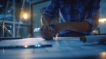 Aufkleber - Architect or engineer working on building blueprint contractor designing and drawing blueprint layout with tool for construction project Civil engineer and architecture design concept  : Generative AI