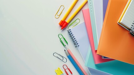 Poster - School supplies concept Top view photo of stationery stack of notepads pens binder clips and adhesive tape on isolated white background with copyspace : Generative AI