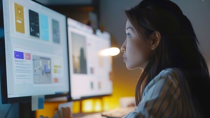 Leinwandbilder - Woman designer create website design wireframe Sketch prototype framework layout future design project UI and UX  user interface user experience designer Creative concept for web desig : Generative AI