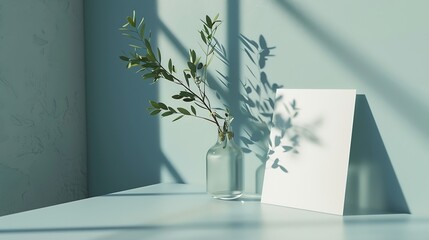 Aufkleber - Combination of glass vase and olive branches Sunlight table background White card leaning against blue wall Invitation mockup long shadow : Generative AI
