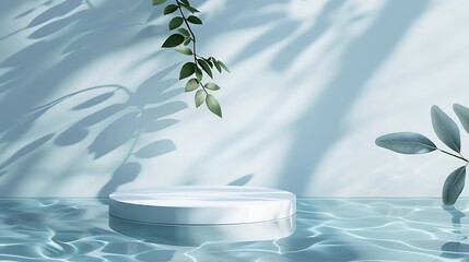 Poster - Pastel blue colored abstract nature scene with white cylinder podium on transparent water with waves and soft shadow of plants Pedestal for cosmetic product and packaging mockups displ : Generative AI