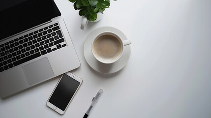 Poster - White office desk table with laptop smartphone cup of coffee and supplies Top view with copy space flat lay : Generative AI