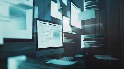 Wall Mural - website design digital advertising agency concept with computer display and flying web page layout e