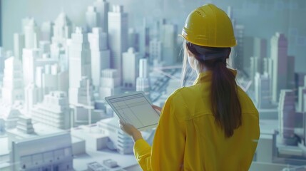 Fototapete - architect is working Architect woman holding tablet Girl planner near layout of city Girl engineer in yellow uniform Professional engineer with his back to camera Volumetric city map : Generative AI