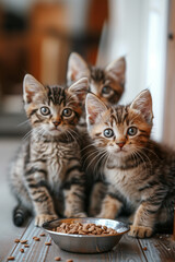 Selective focus of A group of kittens are eating in the house.