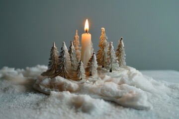 Poster - A single lit candle surrounded by small snowdusted trees on a wintry setting