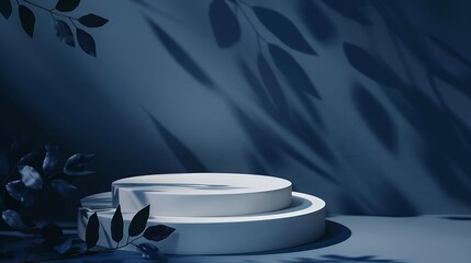 Fototapete - White stage podium on dark blue background with night leaves shadows : Generative AI
