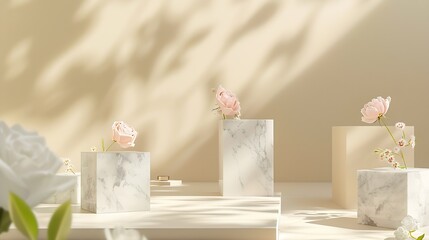 Empty podium boxes for presentation of cosmetic products Marble boxes and pastel flowers  beige background : Generative AI