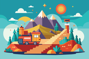 Sticker - A train travels down a mountain side next to a dense forest, Journey Customizable Semi Flat Illustration