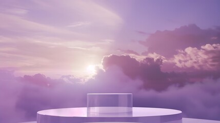 Poster - Front view of transparent podium with blank space in purple gradient cloudy sky background abstract content : Generative AI