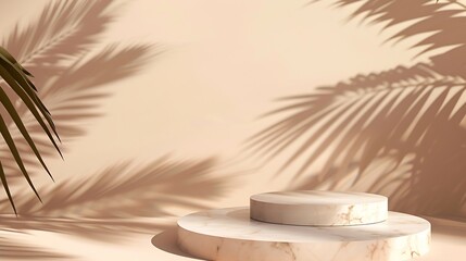 Aufkleber - Luxury marble and brown paper color background with tropical palm shadow Natural material with exotic plant shade branding layout Minimal flat lay product podium with leaf silhouette o : Generative AI
