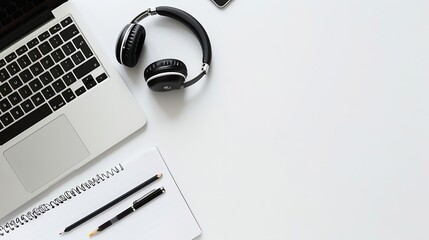 Fototapete - Layout on the topic of working process or education on a white background with notepad pen laptop computer mouse tablet hole punch headphones pencil : Generative AI