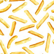 French fries. Seamless pattern with roasted potato chips in deep fat . Fry oil potatoes. Yellow sticks isolated on white background. Fast food. Unhealthy tasty food. Vector illustration