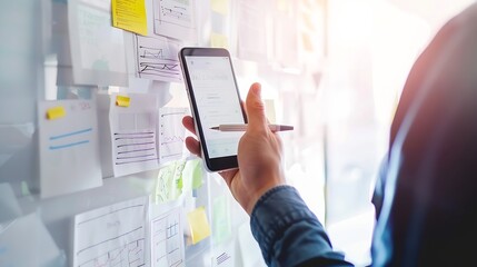 Leinwandbilder - Brainstorm mobile app interface layout design ideas on graphic designer tableux graphic designer creative sketch planning Mobile web prototype development process vertical image : Generative AI