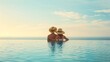 © Generative AI - A loving couple with hats hugging at the edge of an infinity pool and enjoying the view to the blue mediterranean sea during summer vacation time : Generative AI