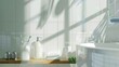 White bath background front view with cosmetic bottle bath accessories on wood shelf and wall tiles Copy space : Generative AI