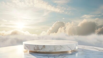 Poster - Stone podium tabletop floor in outdoor on blue sky gold pastel soft cloud blur backgroundBeauty cosmetic product placement pedestal present promotion stand displaysummer paradise dream : Generative AI