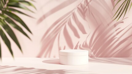 Poster - Cosmetics product advertising stand White and pink background with with palm leaves and shadows Empty place to display product packaging Mockup : Generative AI