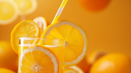 Poster - Summer composition with fresh stacked orange slices and straw on vibrant orange background Creative healthy diet concept Organic tropical fruit juice : Generative AI