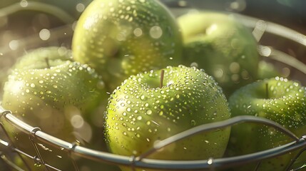 Organic green apples in a wire basket, closeup, dewy, early morning sunlight