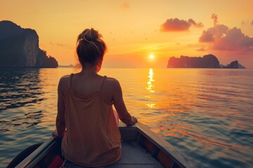 Wall Mural - A woman is sitting in a boat on a lake at sunset