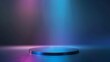 © Generative AI - Abstract minimal scene  empty stage circle podium on dark blue background with rainbow crystal light refraction sparkles Pedestal for cosmetic product and packaging mockups display pre : Generative AI