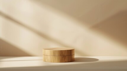 Poster - Round wooden saw cut cylinder shape on beige background abstract background Minimal box and geometric podium Scene with geometrical forms Empty showcase for eco cosmetic product presen : Generative AI