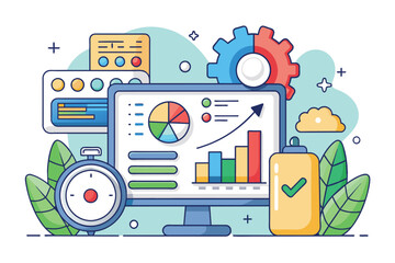 Poster - Computer monitor showing a customizable pie chart illustration, Metrics Customizable Cartoon Illustration