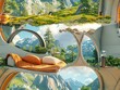Illustrate a CG 3D rendering showcasing a panoramic view of a wilderness camping experience intertwined with futuristic technologies Play with unexpected camera angles to showcase 