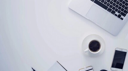 Aufkleber - Top view of white office desk with laptop smartphone cup of coffee and supplies Top view with copy space : Generative AI