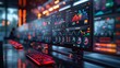 © LuvTK - Hyperrealistic portrayal of a monitor with telecommunications analytics visualization, focusing on intricate details of network traffic and bandwidth management.