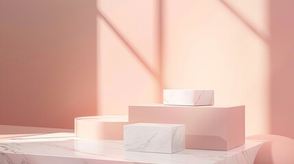 Poster - Empty white marble podium on pastel beige color background Minimal boxes and geometric podium Scene with geometrical forms Empty showcase for cosmetic product presentation Fashion maga : Generative AI