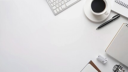 Leinwandbilder - Top view above of White office desk table with keyboard computer notebook and coffee cup with equipment other office supplies Business and finance concept Workplace Flat lay with blank : Generative AI